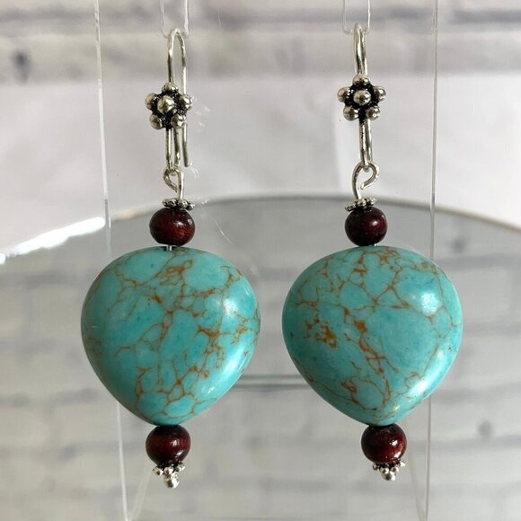 REIMAGINED Faux Turquoise Heart Dangle Hook Earrings - Picture 1 of 4